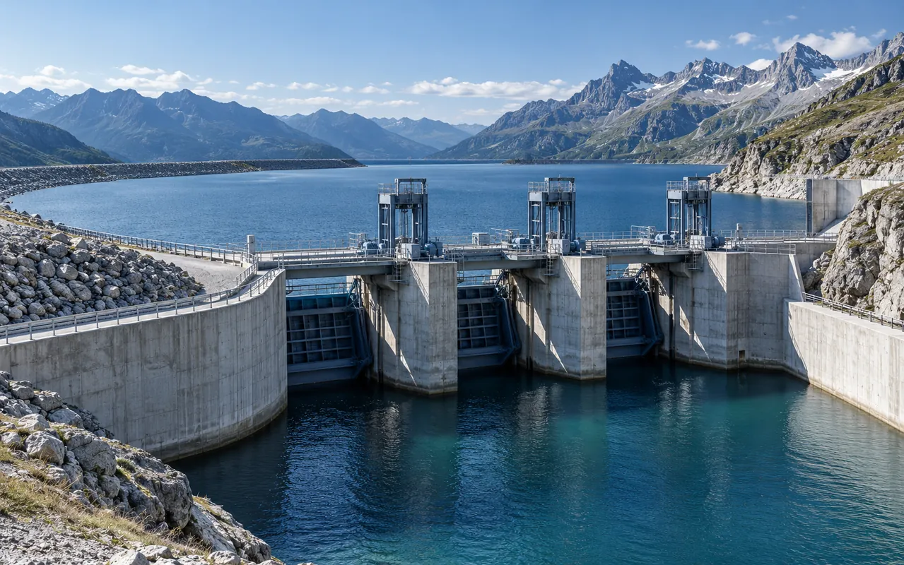 Illustration of water control gates at a mountain pumped storage reservoir