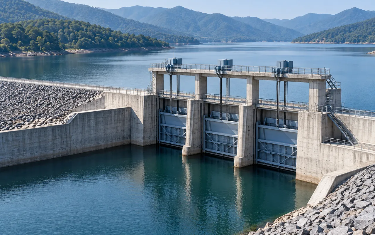 Illustration of steel gates at a reservoir outlet structure