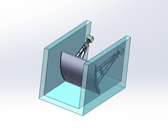 3D model of a radial gate showing the curved gate leaf, support arms and concrete piers