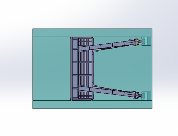 Top-view 3D model showing the radial gate leaf, support arms and pier arrangement
