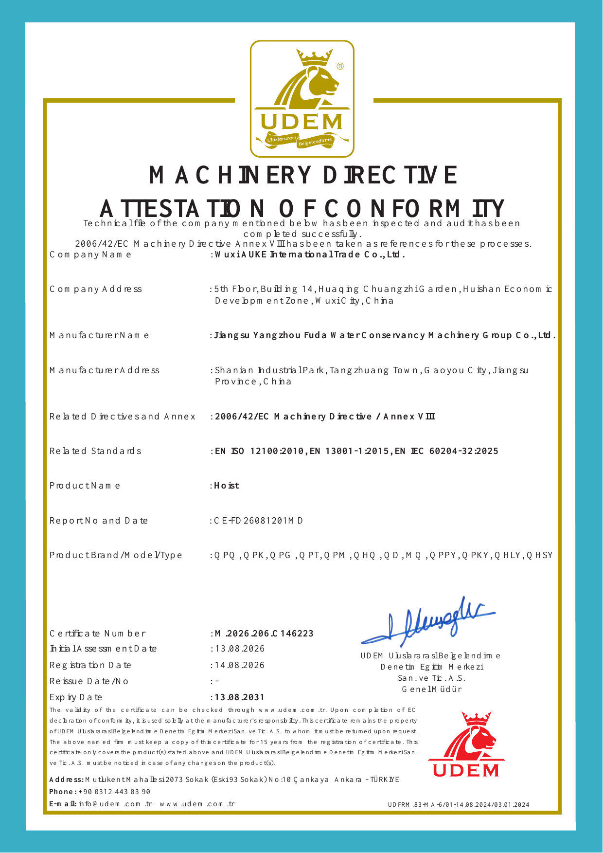 Machinery Directive attestation of conformity for hoists listing Fuda as the manufacturer