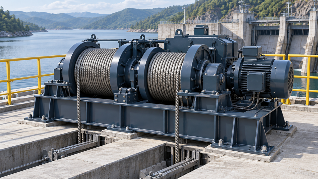 Illustrative electric wire-rope gate hoist on a dam operating deck