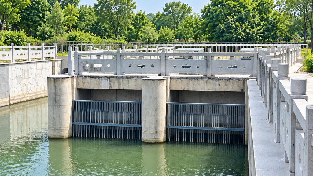 Vertical steel trash racks at a water intake with concrete piers and a maintenance walkway